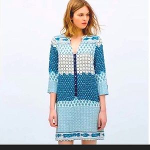 Zara blue paisley long sleeve tunic mini dress L
